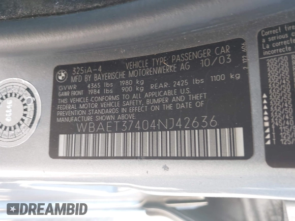 2004 BMW 3 Series 325i z VIN WBAET37404NJ42636, wystawiony jako IAAI lot #42312477 z przebiegiem 201 849 mil mil oraz . Historia ofert i sprzedaży dostępna na DreamBid. Obrazek 9.
