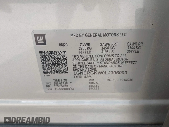 2020 Chevrolet Traverse LT Cloth with VIN 1GNERGKW0LJ306000, listed as a IAAI auction lot 42090962 with 50,559 mi miles. Bid and sale history available at carsss.com. Image 9.