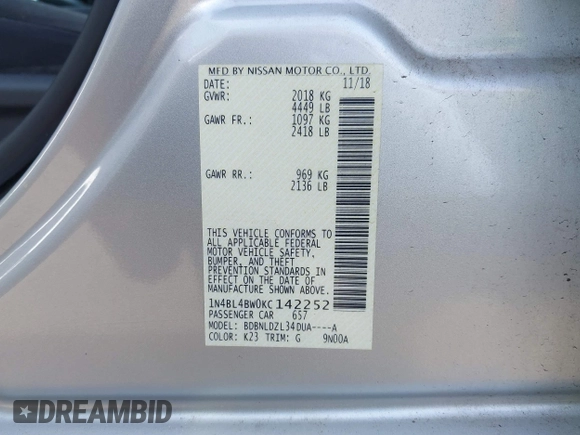 2019 Nissan Altima 2.5 S with VIN 1N4BL4BW0KC142252, listed as a IAAI auction lot 41722876 with 28,677 mi miles. Bid and sale history available at carsss.com. Image 9.