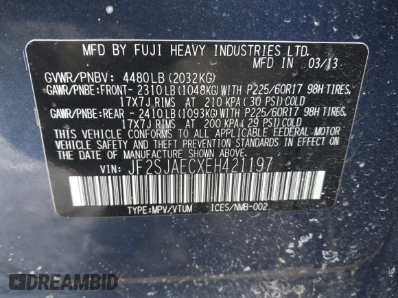 2014 Subaru Forester 2.5i Premium with VIN JF2SJAECXEH421197, listed as a IAAI auction lot 41642959 with 74,857 mi miles. Bid and sale history available at carsss.com. Image 9.