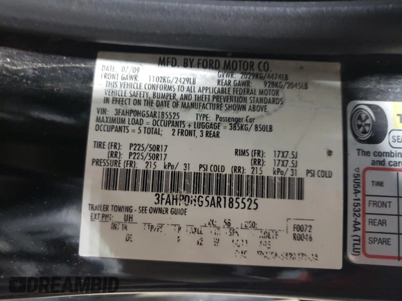 2010 Ford Fusion SE with VIN 3FAHP0HG5AR185525, listed as a Copart auction lot 54050015 with 168,629 mi miles and Salvage Title. Bid and sale history available at carsss.com. Image 13.