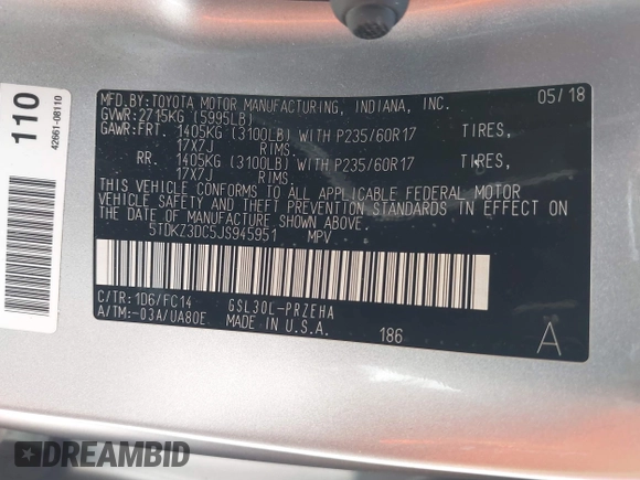 2018 Toyota Sienna LE Auto Access Seat with VIN 5TDKZ3DC5JS945951, listed as a IAAI auction lot 41689856 with 103,537 mi miles. Bid and sale history available at carsss.com. Image 9.
