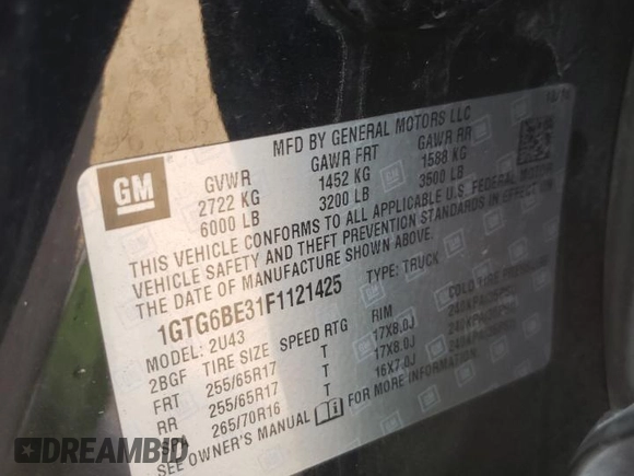 2015 GMC Canyon 4WD SLE with VIN 1GTG6BE31F1121425, listed as a Copart auction lot 67322994 with 112,435 mi miles and Salvage Title. Bid and sale history available at carsss.com. Image 14.