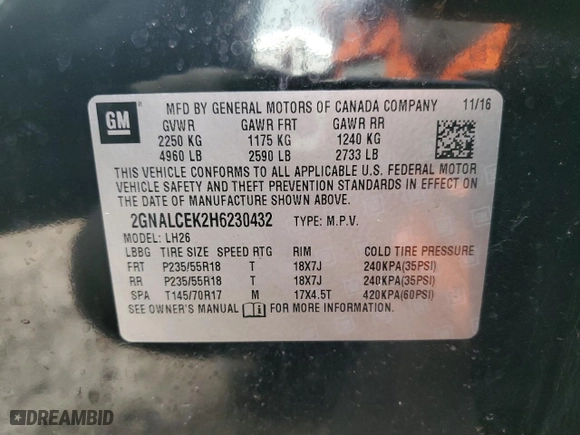 2017 Chevrolet Equinox LT with VIN 2GNALCEK2H6230432, listed as a Copart auction lot 43428005 with 132,092 mi miles and Salvage Title. Bid and sale history available at carsss.com. Image 13.