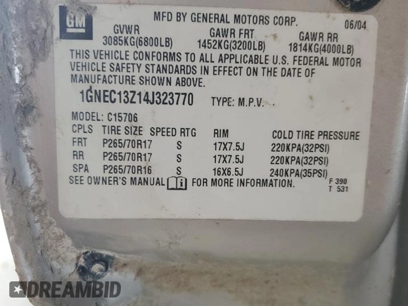 2004 Chevrolet Tahoe LT with VIN 1GNEC13Z14J323770, listed as a Copart auction lot 57846675 with 140,232 mi miles and Salvage title. Bid and sale history available at DreamBid. Image 12.