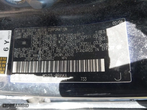 2006 Toyota Highlander w/3rd Row with VIN JTEDP21A260108852, listed as a IAAI auction lot 41847057 with 217,431 mi miles. Bid and sale history available at carsss.com. Image 9.