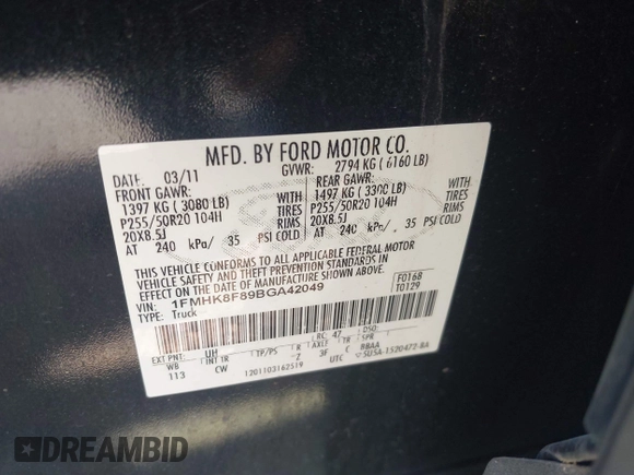 2011 Ford Explorer Limited with VIN 1FMHK8F89BGA42049, listed as a IAAI auction lot 42693951 with 196,211 mi miles and . Bid and sale history available at DreamBid. Image 9.