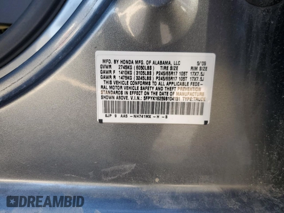2009 Honda Ridgeline RT z VIN 5FPYK16259B104131, wystawiony jako Copart lot #46912055 z przebiegiem 75 116 mil mil oraz Szkoda całkowita • Salvage title. Historia ofert i sprzedaży dostępna na DreamBid. Obrazek 14.