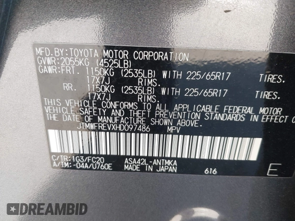 2017 Toyota RAV4 XLE with VIN JTMWFREVXHD097486, listed as a IAAI auction lot 41850305 with 40,270 mi miles. Bid and sale history available at carsss.com. Image 9.