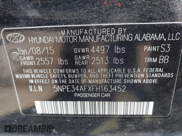 2015 Hyundai Sonata 2.4L Sport with VIN 5NPE34AFXFH163452, listed as a IAAI auction lot 41946262 with 47,730 mi miles. Bid and sale history available at carsss.com. Image 9.