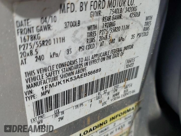 2010 Ford Expedition Max Limited with VIN 1FMJK1K53AEB56689, listed as a Copart auction lot 79756874 with 277,020 mi miles and Salvage Title. Bid and sale history available at DreamBid. Image 13.