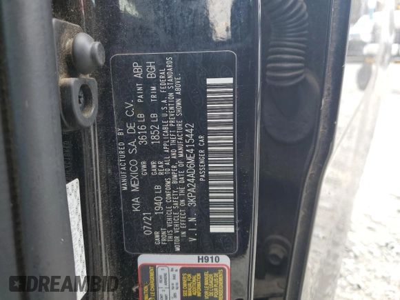 2021 Kia Rio S with VIN 3KPA24AD6ME415442, listed as a Copart auction lot 83603904 with 58,834 mi miles and Salvage Title. Bid and sale history available at carsss.com. Image 14.