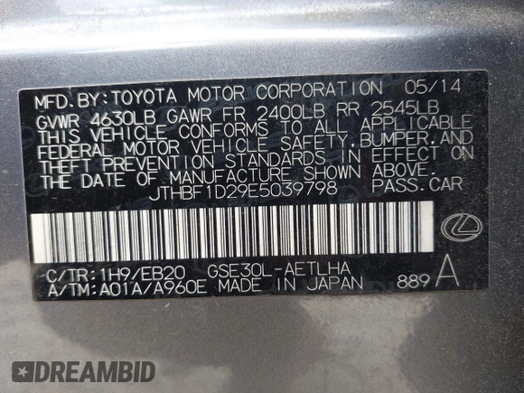 2014 Lexus IS 250 with VIN JTHBF1D29E5039798, listed as a IAAI auction lot 42074287 with 106,019 mi miles. Bid and sale history available at carsss.com. Image 9.