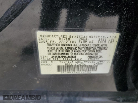2010 Nissan Sentra SL with VIN 3N1AB6AP4AL662586, listed as a Copart auction lot 48400525 with 159,578 mi miles and Salvage title. Bid and sale history available at DreamBid. Image 13.