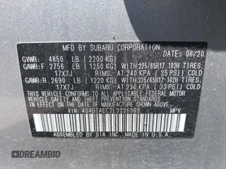 2020 Subaru Outback Premium with VIN 4S4BTAEC2L3226595, listed as a IAAI auction lot 42374094 with 57,369 mi miles and . Bid and sale history available at DreamBid. Image 9.