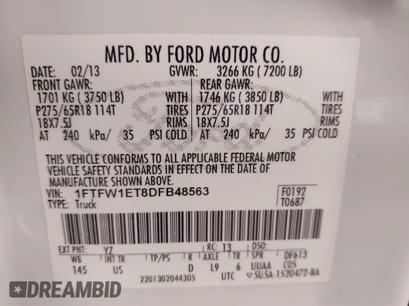 2013 Ford F-150 XL with VIN 1FTFW1ET8DFB48563, listed as a IAAI auction lot 42103243 with 257,778 mi miles. Bid and sale history available at carsss.com. Image 9.