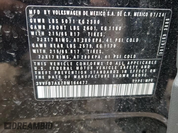 2024 Volkswagen Tiguan S with VIN 3VVFB7AX7RM164477, listed as a Copart auction lot 53334065 with 4,651 mi miles and Non repairable. Bid and sale history available at DreamBid. Image 14.