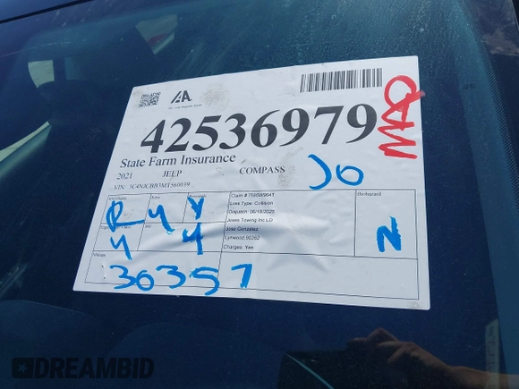 2021 Jeep Compass Altitude with VIN 3C4NJCBB3MT560039, listed as a IAAI auction lot 42536979 with 30,357 mi miles and . Bid and sale history available at DreamBid. Image 18.