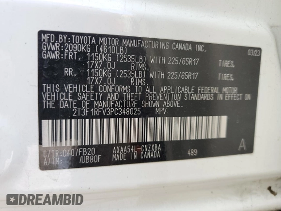 2023 Toyota RAV4 LE with VIN 2T3F1RFV3PC348025, listed as a Copart auction lot 43995355 with 46,155 mi miles and Salvage Title. Bid and sale history available at carsss.com. Image 16.
