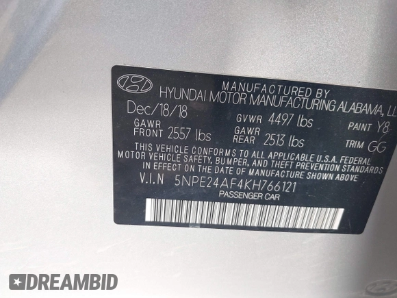 2019 Hyundai Sonata SE with VIN 5NPE24AF4KH766121, listed as a IAAI auction lot 41794665 with 101,673 mi miles and . Bid and sale history available at carsss.com. Image 9.
