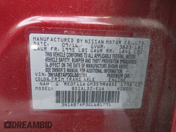 2016 Nissan Sentra S with VIN 3N1AB7AP3GL681791, listed as a IAAI auction lot 41067881 with 160,892 mi miles. Bid and sale history available at carsss.com. Image 9.