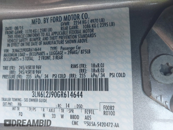 2016 Lincoln MKZ z VIN 3LN6L2J90GR614644, wystawiony jako IAAI lot #42547420 z przebiegiem 45 237 mil mil oraz . Historia ofert i sprzedaży dostępna na DreamBid. Obrazek 9.