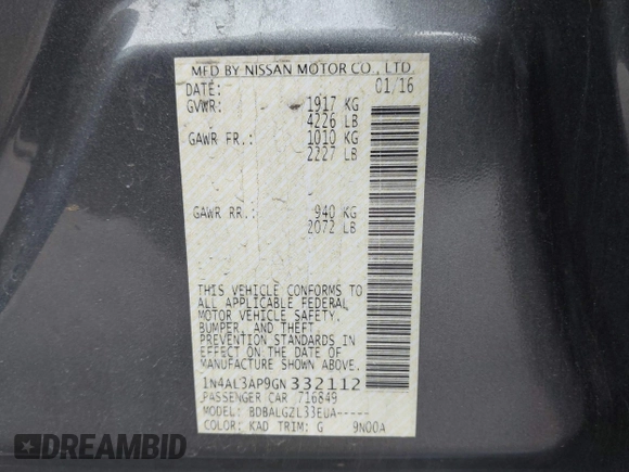 2016 Nissan Altima S z VIN 1N4AL3AP9GN332112, wystawiony jako IAAI lot #42036975 z przebiegiem 203 334 mil mil oraz . Historia ofert i sprzedaży dostępna na DreamBid. Obrazek 9.