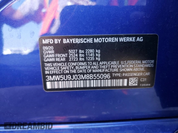 2021 BMW 3 Series M340i xDrive with VIN 3MW5U9J03M8B55096, listed as a Copart auction lot 73433514 with 49,381 mi miles and Salvage Title. Bid and sale history available at carsss.com. Image 12.