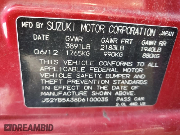 2013 Suzuki SX4 Crossover z VIN JS2YB5A38D6100035, wystawiony jako Copart lot #59970015 z przebiegiem 119 995 mil mil oraz Szkoda całkowita • Salvage title. Historia ofert i sprzedaży dostępna na DreamBid. Obrazek 12.