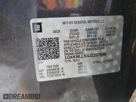 2018 GMC Acadia SLE with VIN 1GKKNLLS4JZ237696, listed as a Copart auction lot 77157914 with 95,695 mi miles and Salvage Title. Bid and sale history available at DreamBid. Image 13.
