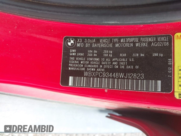2008 BMW X3 3.0si with VIN WBXPC93448WJ12823, listed as a IAAI auction lot 42148588 with 199,609 mi miles and . Bid and sale history available at DreamBid. Image 9.