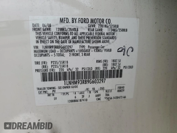 2009 Lincoln MKS with VIN 1LNHM93R89G603297, listed as a Copart auction lot 55474585 with 111,760 mi miles and Salvage title. Bid and sale history available at DreamBid. Image 12.