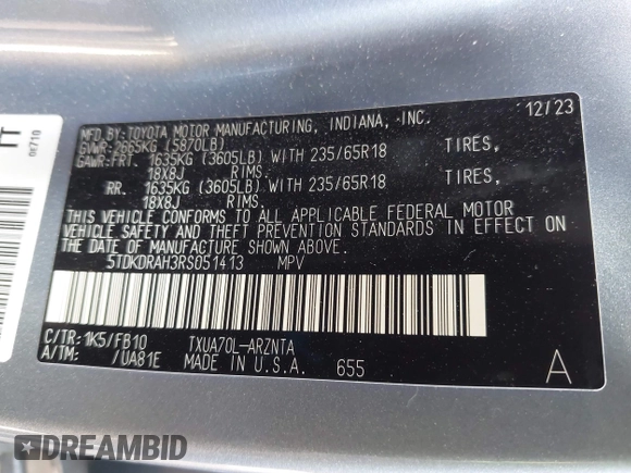 2024 Toyota Highlander LE with VIN 5TDKDRAH3RS051413, listed as a IAAI auction lot 42041267 with 33,210 mi miles and . Bid and sale history available at DreamBid. Image 9.