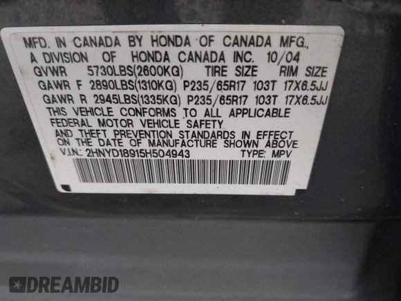 2005 Acura MDX Touring with VIN 2HNYD18915H504943, listed as a IAAI auction lot 41968440 with 258,157 mi miles. Bid and sale history available at carsss.com. Image 9.