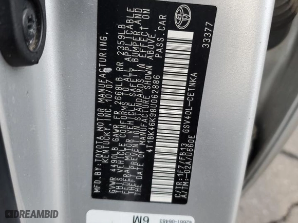 2008 Toyota Camry LE with VIN 4T1BK46K98U062886, listed as a Copart auction lot 51688105 with 213,722 mi miles and Salvage Title. Bid and sale history available at carsss.com. Image 12.