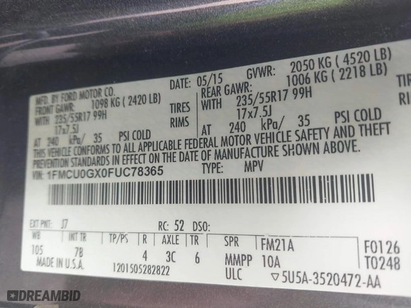 2015 Ford Escape SE with VIN 1FMCU0GX0FUC78365, listed as a IAAI auction lot 41933494 with 197,289 mi miles. Bid and sale history available at carsss.com. Image 9.