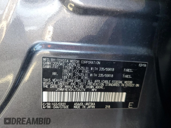 2017 Toyota RAV4 SE with VIN JTMNFREV0HJ706274, listed as a Copart auction lot 61437185 with 93,478 mi miles and Salvage title. Bid and sale history available at DreamBid. Image 13.