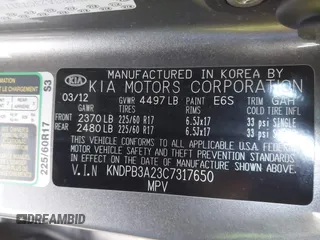 2012 Kia Sportage LX with VIN KNDPB3A23C7317650, listed as a IAAI auction lot 41631193 with 96,433 mi miles. Bid and sale history available at carsss.com. Image 9.