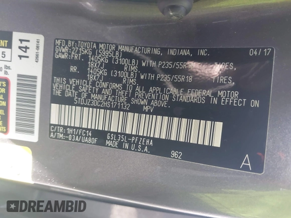 2017 Toyota Sienna LE with VIN 5TDJZ3DC2HS171132, listed as a IAAI auction lot 42589064 with 95,945 mi miles and . Bid and sale history available at DreamBid. Image 9.