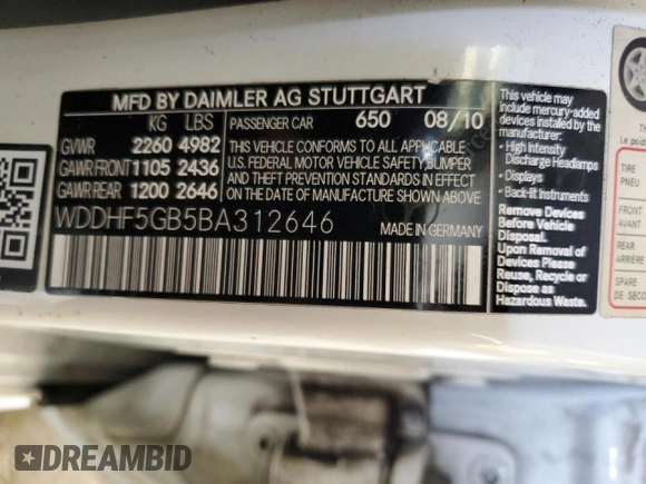 2011 Mercedes-Benz E 350 Luxury with VIN WDDHF5GB5BA312646, listed as a Copart auction lot 45685615 with Not Provided miles and Non Repairable. Bid and sale history available at DreamBid. Image 12.
