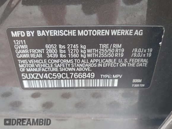 2012 BMW X5 35i with VIN 5UXZV4C59CL766849, listed as a IAAI auction lot 42749836 with 179,273 mi miles and . Bid and sale history available at DreamBid. Image 9.