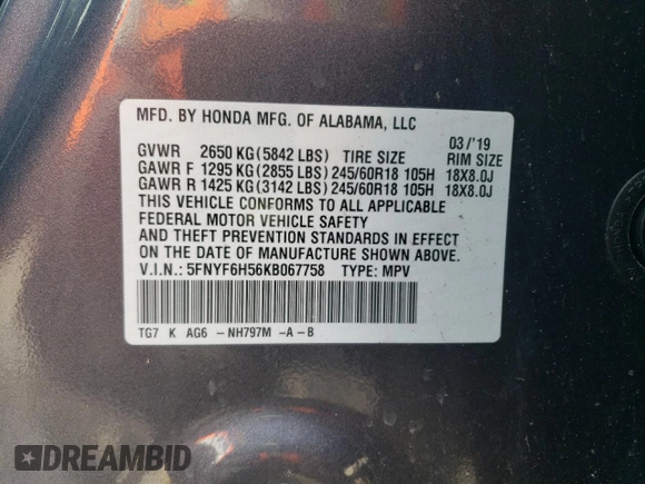 2019 Honda Pilot EX-L z VIN 5FNYF6H56KB067758, wystawiony jako Copart lot #45884515 z przebiegiem 104 662 mil mil oraz Szkoda całkowita • Salvage title. Historia ofert i sprzedaży dostępna na DreamBid. Obrazek 13.