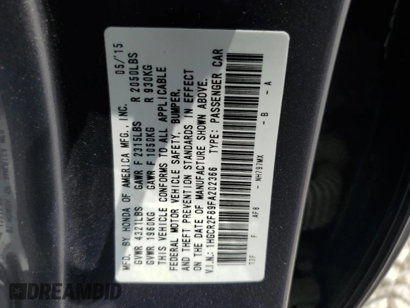 2015 Honda Accord EX-L with VIN 1HGCR2F89FA202366, listed as a Copart auction lot 54794745 with 104,084 mi miles and Salvage title. Bid and sale history available at DreamBid. Image 12.