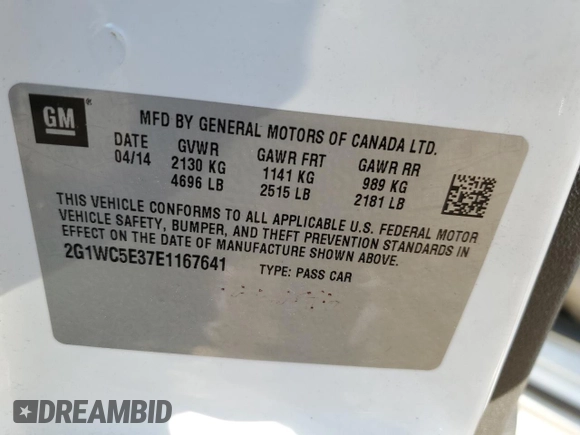 2014 Chevrolet Impala LTZ with VIN 2G1WC5E37E1167641, listed as a Copart auction lot 50167275 with 88,567 mi miles and Salvage Title. Bid and sale history available at DreamBid. Image 12.
