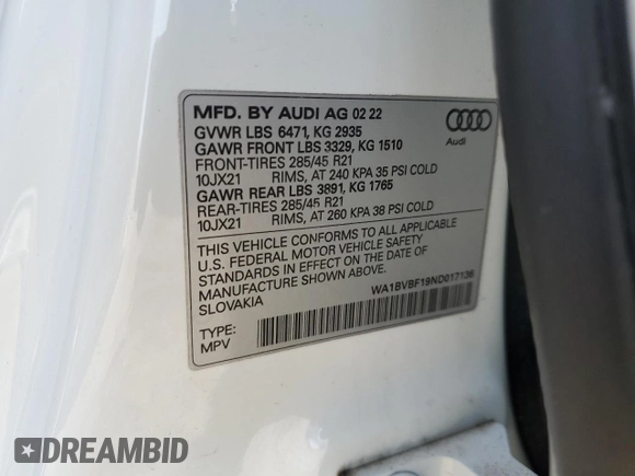 2022 Audi Q8 Premium Plus z VIN WA1BVBF19ND017136, wystawiony jako Copart lot #53187265 z przebiegiem 41 734 mil mil oraz Szkoda całkowita • Salvage title. Historia ofert i sprzedaży dostępna na DreamBid. Obrazek 14.