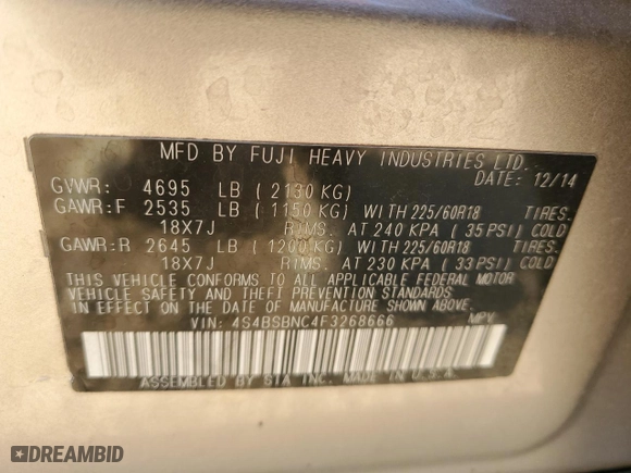 2015 Subaru Outback 2.5i Limited with VIN 4S4BSBNC4F3268666, listed as a Copart auction lot 52929755 with 109,207 mi miles and Salvage Title. Bid and sale history available at carsss.com. Image 12.