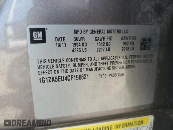 2012 Chevrolet Malibu 1FL with VIN 1G1ZA5EU4CF190621, listed as a Copart auction lot 54550445 with 157,838 mi miles and Salvage Title. Bid and sale history available at DreamBid. Image 12.