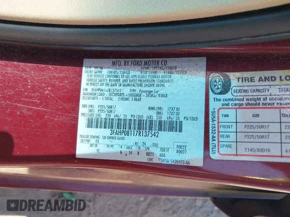 2007 Ford Fusion SEL with VIN 3FAHP08117R137542, listed as a IAAI auction lot 41842674 with 203,220 mi miles. Bid and sale history available at carsss.com. Image 9.