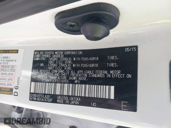 2015 Lexus GX 460 with VIN JTJBM7FX7F5116959, listed as a IAAI auction lot 42085273 with 249,402 mi miles and . Bid and sale history available at carsss.com. Image 9.