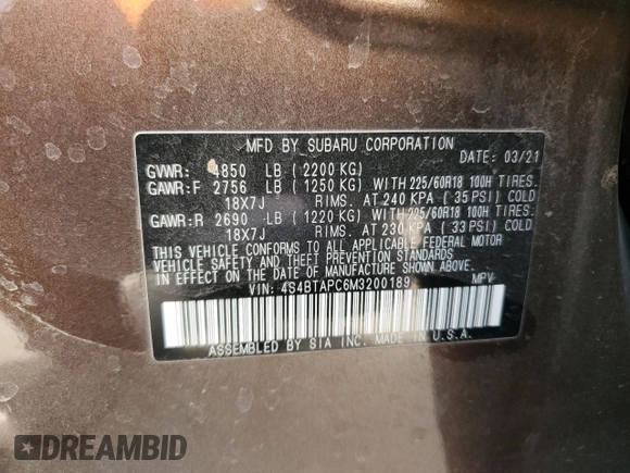 2021 Subaru Outback Touring with VIN 4S4BTAPC6M3200189, listed as a Copart auction lot 49902055 with 51,880 mi miles and Salvage title. Bid and sale history available at DreamBid. Image 13.